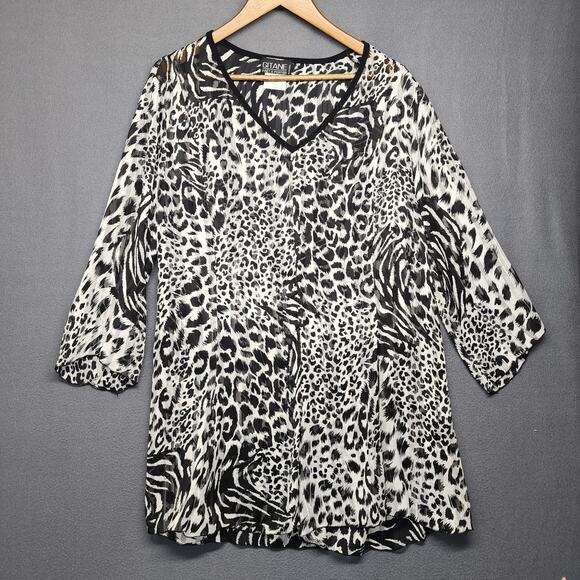Vintage Gitane Top Women XL Black White Semi Sheer Animal Print Made in Canada - Picture 8 of 9